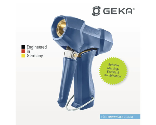 Logo GEKA. Régulateur de jet d'eau en laiton et acier inoxydable. Convient à l'eau potable. Fabriqué en Allemagne.