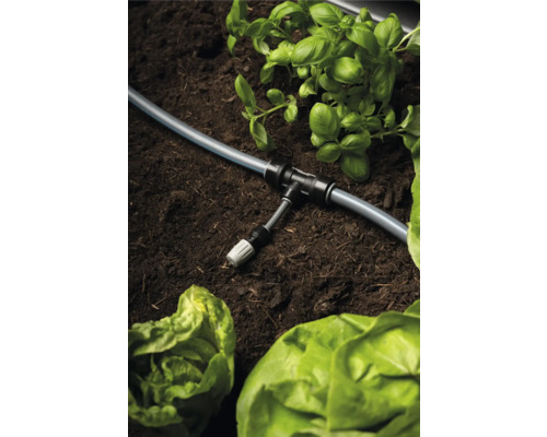 Bewässerungssystem mit Schlauch, T-Stück und Pflanzen im Gartenbeet