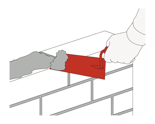 Illustration einer Hand, die mit einer Kelle Mörtel auf eine Ziegelmauer aufträgt.