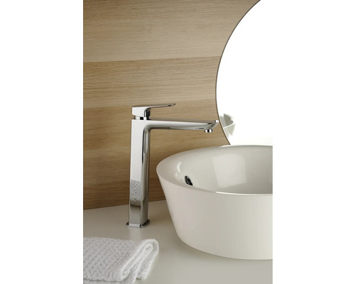 Photo d'une salle de bains avec un mitigeur de lavabo en métal et un lavabo à poser rond