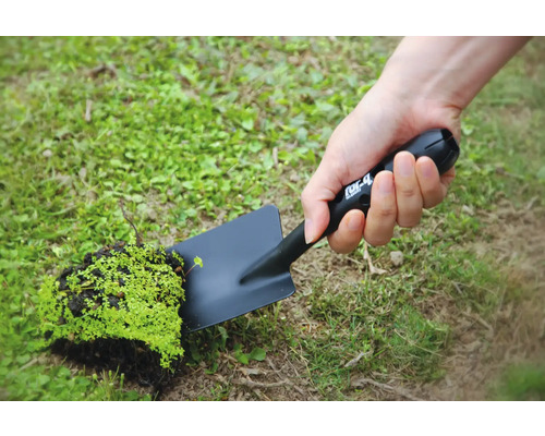 Une personne tient une pelle de jardin noire avec un morceau de terre et des plantes.