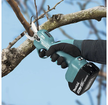 Akku-Astschere von Makita mit bürstenlosem Motor beim Schneiden eines Baumzweigs mit einem 18 Volt Akku.