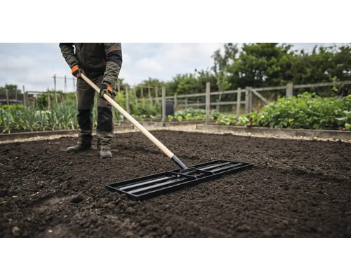 Eine Person ebnet den Gartenboden mit einem Planierschild vor dem Bepflanzen.