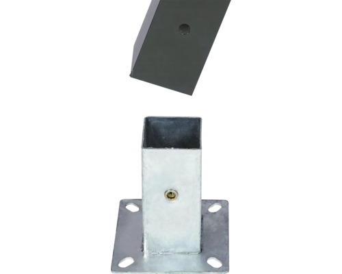 Support de poteau carré en métal galvanisé avec poteau métallique anthracite assorti pour le montage de clôtures.
