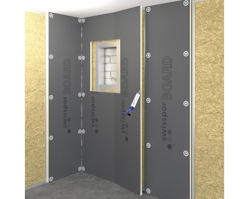 Raumecke mit angebrachten Swissspor-Platten, befestigt mit Montagekleber und Tellerdübeln.