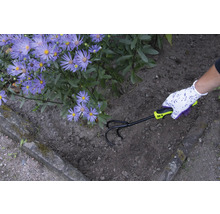 Jardinier ameublissant le sol avec un cultivateur à côté de fleurs mauves.