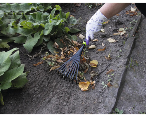 Eine Person rechen Laub mit einem Fächerbesen im Garten.