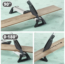 Coupe-stratifié Wolfcraft réalisant des coupes à 90 degrés, des coupes d'angle de 0 à 180 degrés et des coupes longitudinales sur du stratifié.