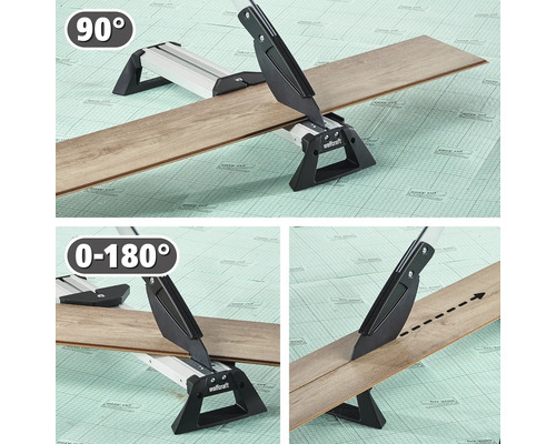 Coupe-stratifié Wolfcraft réalisant des coupes à 90 degrés, des coupes d'angle de 0 à 180 degrés et des coupes longitudinales sur du stratifié.
