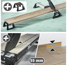 Coupe-stratifié Wolfcraft découpant une lame de parquet avec des supports de matériau, hauteur de coupe maximale 55 millimètres.