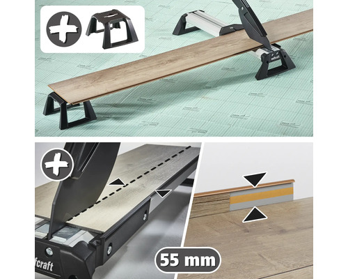 Coupe-stratifié Wolfcraft découpant une lame de parquet avec des supports de matériau, hauteur de coupe maximale 55 millimètres.
