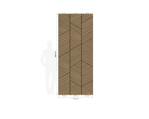 Panneau mural avec motif géométrique en lattes de bois, hauteur 2600 millimètres, largeur 1125 millimètres, trois segments avec silhouette humaine.