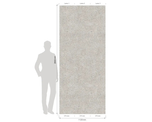 Panneau mural effet pierre à trois lames. Hauteur 2600 millimètres, largeur 1125 millimètres. Silhouette humaine pour comparaison d'échelle.
