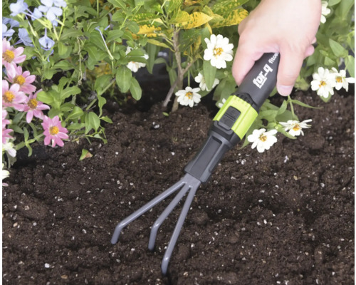 Une main utilise un petit râteau for_q dans de la terre au milieu de fleurs colorées.