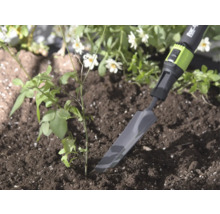 Transplantoir étroit en métal for_q dans la terre à côté d'une petite plante, ambiance de jardin claire et naturelle.