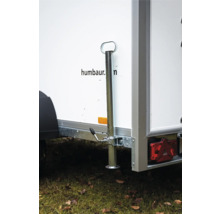 Béquille de stabilisation en acier galvanisé fixée à une remorque pour assurer la stabilité lors du chargement.