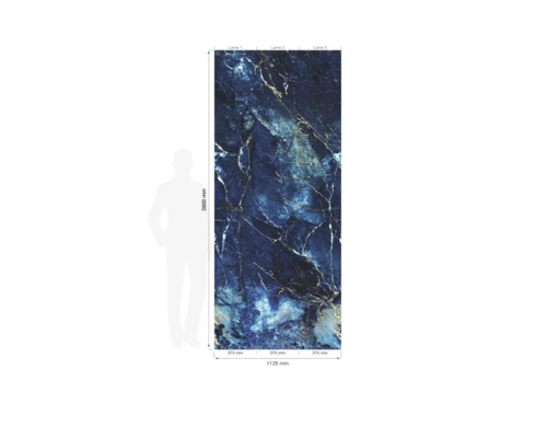 Panneau mural effet marbre bleu foncé, hauteur 2600 millimètres, largeur 1125 millimètres, composé de trois éléments de 375 millimètres.