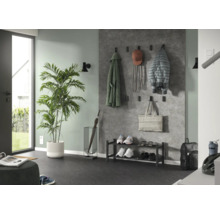 Moderner, organisierter Korridor mit Wandpaneelen in Betonoptik, schwarzen Garderobenhaken, Metall-Schuhregal, Schirmständer und grosser Zimmerpflanze.