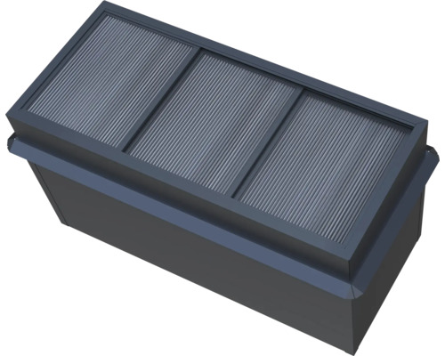 Rechteckiges Hochbeet aus Metall in Anthrazit mit dreigeteilter geriffelter Oberfläche.