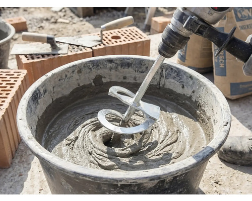 Un mélangeur sur une perceuse mélange du mortier gris dans un seau sur un chantier avec des briques et des truelles.