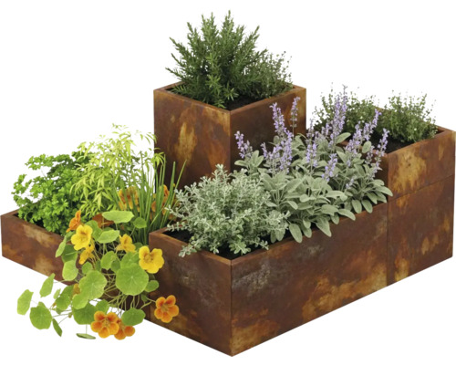 Bacs à plantes aspect rouille de différentes hauteurs, plantés d'herbes aromatiques, de capucines et de lavande.