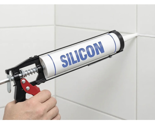 Anwendung von Silikon mit einer Kartuschenpresse an einer Fliesenfuge.