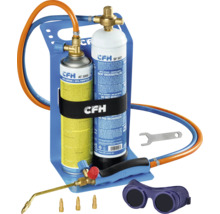 Kit de soudage et brasage CFH avec deux bouteilles de gaz, tuyaux, chalumeau, buses de rechange, clé et lunettes de protection.