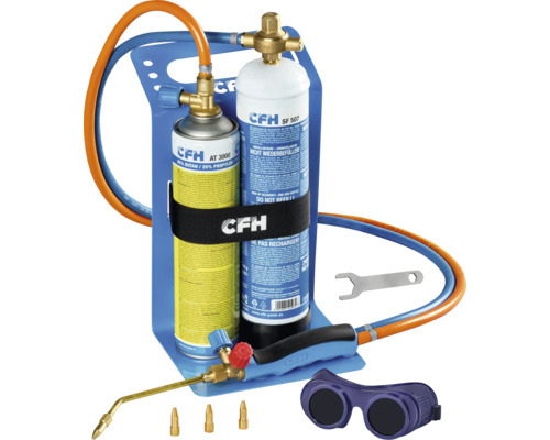 Kit de soudage et brasage CFH avec deux bouteilles de gaz, tuyaux, chalumeau, buses de rechange, clé et lunettes de protection.