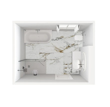 Vue de dessus d'une salle de bains moderne avec carrelage aspect marbre, baignoire, toilettes, douche avec siège et vasque avec miroir rond.