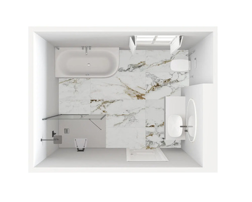 Vue de dessus d'une salle de bains moderne avec carrelage aspect marbre, baignoire, toilettes, douche avec siège et vasque avec miroir rond.