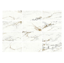Carreaux en grès cérame aspect marbre avec différents veinages et motifs.