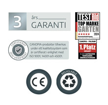 Garantie de 3 ans, certifié ISO, Test Bild Top Marke Garten 2024 première place pour couvertures de terrasse, marquage CE et recyclable.