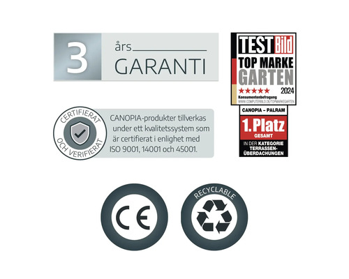 Garantie de 3 ans, certifié ISO, Test Bild Top Marke Garten 2024 première place pour couvertures de terrasse, marquage CE et recyclable.