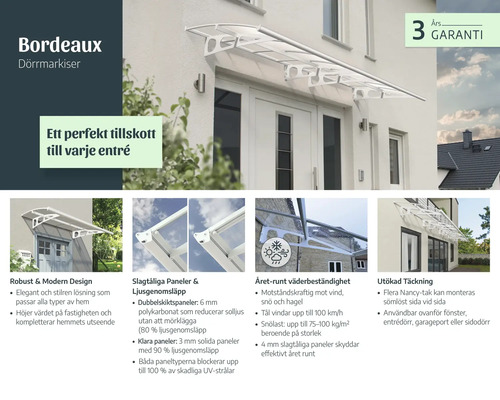 Weißes Türvordach Bordeaux über einem Eingang mit modernen Polycarbonat-Paneelen für ganzjährigen Wetterschutz.