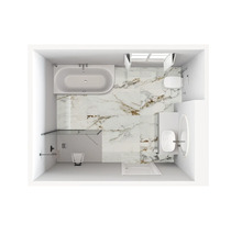 Vue de dessus d une salle de bains moderne avec carrelage effet marbre, baignoire, toilettes, douche italienne et meuble vasque avec miroir.