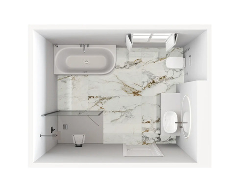 Vue de dessus d une salle de bains moderne avec carrelage effet marbre, baignoire, toilettes, douche italienne et meuble vasque avec miroir.