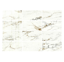 Douze carreaux rectangulaires aspect marbre blanc avec des veines grises et brunes.