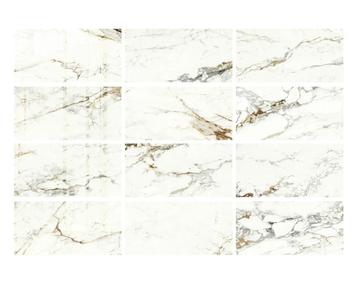 Douze carreaux rectangulaires aspect marbre blanc avec des veines grises et brunes.