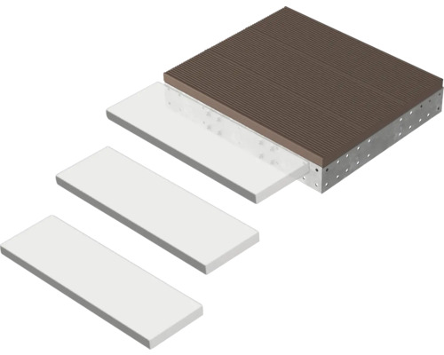 Schichtweiser Aufbau einer Terrassenkonstruktion mit geriffelter WPC-Diele auf Metallunterkonstruktion und Dämmplatten.