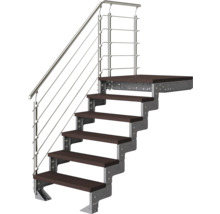 Treppe mit Metallunterbau, dunkelbraunen Stufen, Podest und Edelstahlgeländer mit horizontalen Drahtseilen.