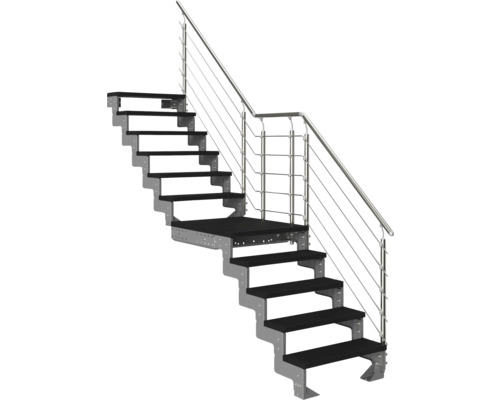 Modulare Treppe mit Zwischenpodest, schwarzen Stufen, Metallrahmen und Geländer mit horizontalen Drahtseilen.