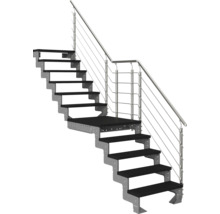 Treppe mit Metallwangen, Holzstufen, Zwischenpodest und Edelstahlgeländer mit Handlauf.