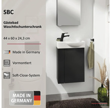 Meuble sous-vasque SBC pour toilettes avec lavabo et robinet, 44 par 60 par 24,3 centimètres, prémonté, Soft-Close, Fabriqué en Allemagne.
