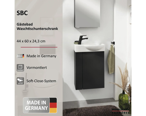 Meuble sous-vasque SBC pour toilettes avec lavabo et robinet, 44 par 60 par 24,3 centimètres, prémonté, Soft-Close, Fabriqué en Allemagne.