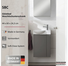 Meuble sous-vasque SBC pour WC invités, gris avec vasque blanche, 44 par 60 par 24,3 centimètres, prémonté, Soft-Close, Fackelmann Logo.