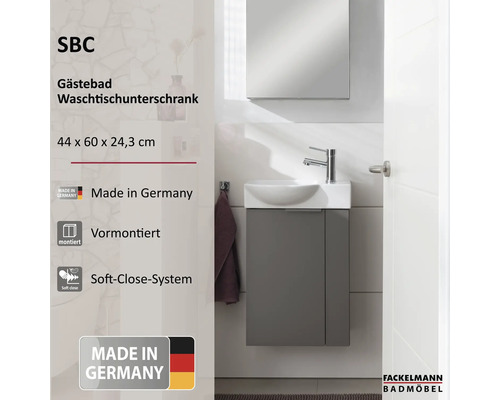 Meuble sous-vasque SBC pour WC invités, gris avec vasque blanche, 44 par 60 par 24,3 centimètres, prémonté, Soft-Close, Fackelmann Logo.