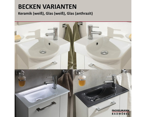 Variantes de lavabos pour meubles de salle de bains en céramique et verre blanc et anthracite avec robinetterie et logo Fackelmann Badmöbel.