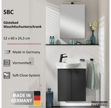 Salle de bains d'invités lumineuse avec meuble sous-vasque anthracite prémonté, lavabo blanc, robinet noir, miroir éclairé et soft-close.