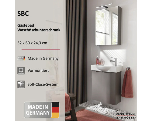 WC invités lumineux avec meuble sous-vasque SBC gris, lavabo, armoire de toilette, éclairage, prémonté, système Soft-Close, Made in Germany.