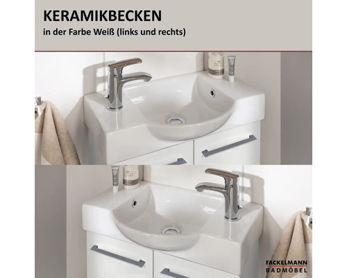 Lavabo en céramique Fackelmann en blanc, versions avec robinetterie à gauche et à droite, monté sur un meuble sous-lavabo. Logo Fackelmann.
